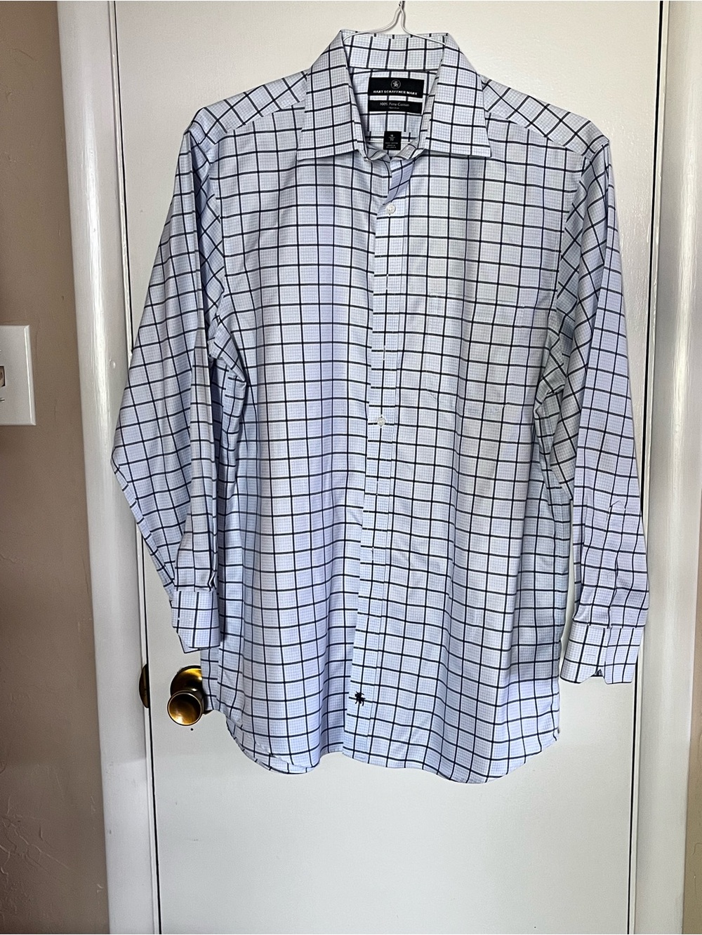 Hart Schaffner Marx White Dress Shirt with Black Windowpane Grid